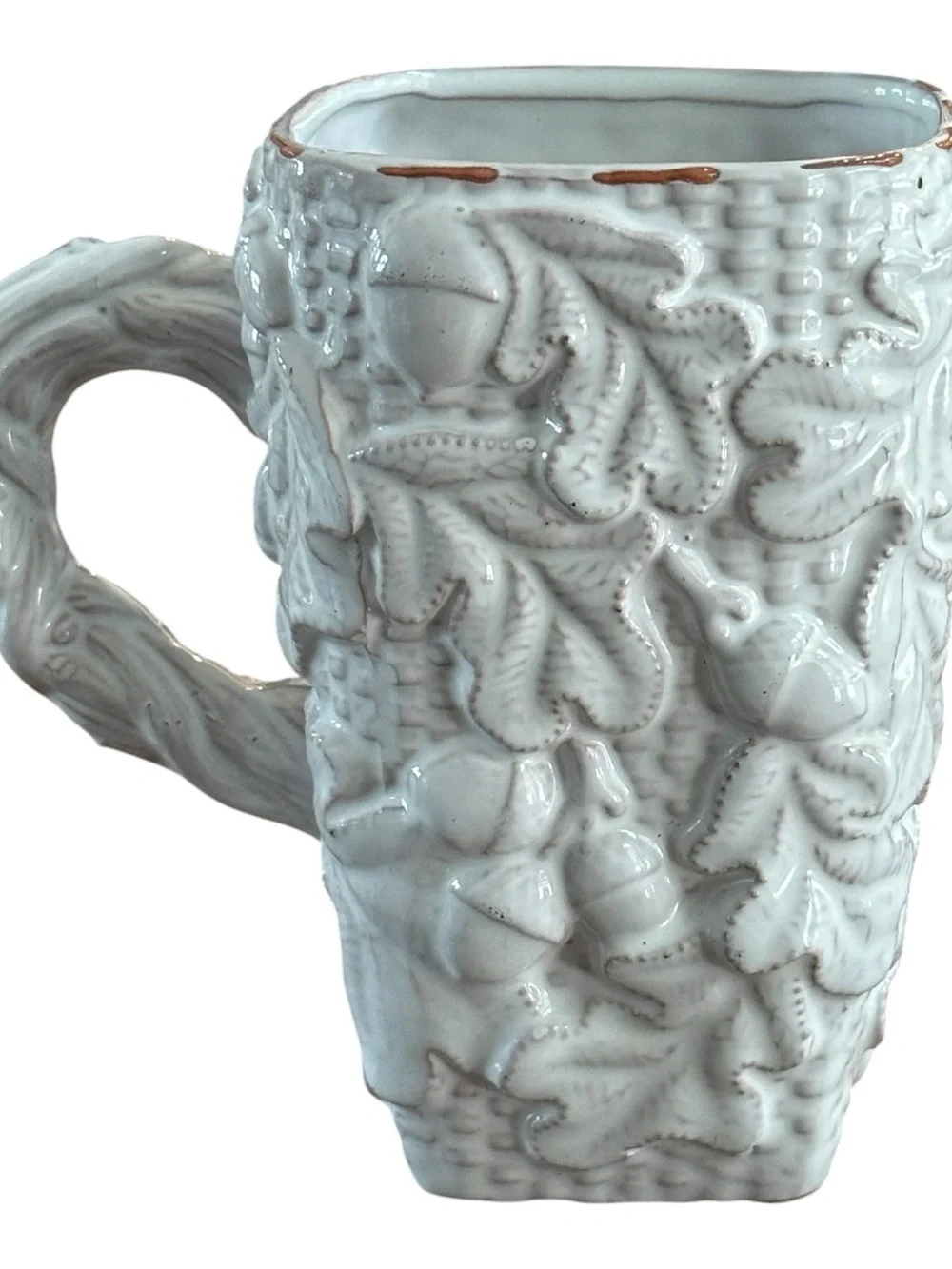 Mud Pie White Embossed Ceramic Mug with Acorn & Leaf Motif